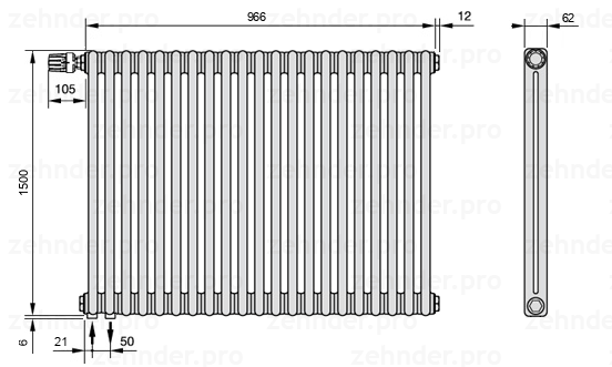 Схема (чертеж) Радиатор Zehnder Charleston 2150/21 №V001 Белый глянцевый RAL 9016